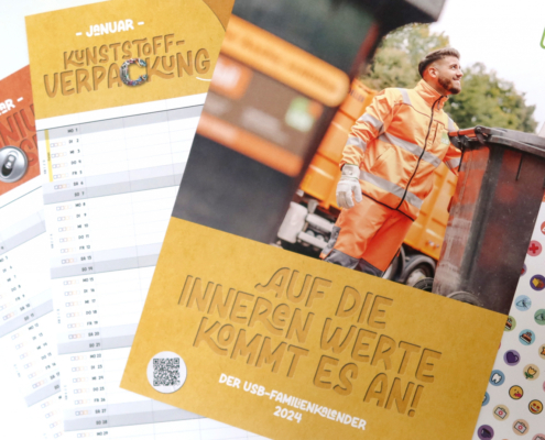 Der USB-Familienkalender. Der Text Auf die inneren Werte kommt es an ist auf dem Kalender abgebildet