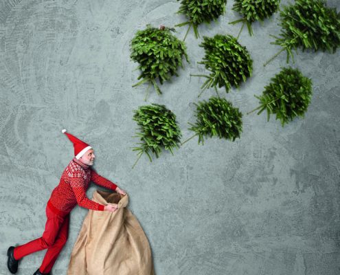 Ein weihnachtlich gekleideter Mann hält einen Sack auf wo Tannenbäume hinein fliegen