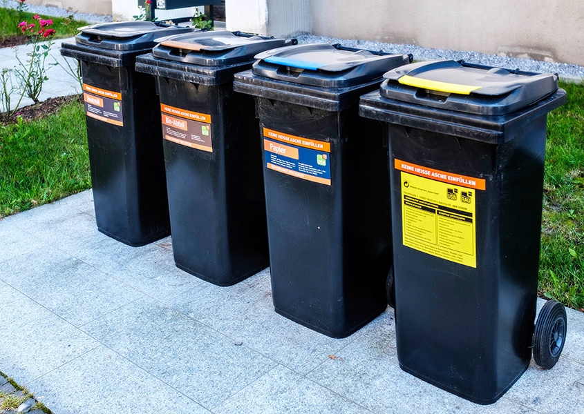 Vier Mülltonnen nebeneinander in einer Reihe