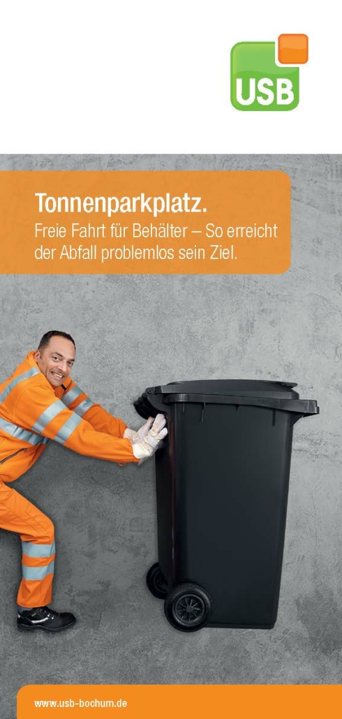 Plakat mit Aufschrift Tonnenparkplatz. Freie Fahrt für Behälter- So erreicht der Abfall problemlos sein Ziel