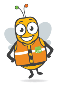 Eine grafische Zeichnung der Hummel HuiBo, das Maskottchen des Kinderclubs HuiBo. Die Hummel hat große Augen, lächelt und trägt eine orangefarbene Warnweste mit USB Logo.
