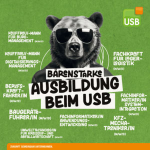 Die Titelseite der Azubibroschüre der USB Bochum GmbH. Auf grünem Grund ist ein Bär in schwarzweiß zu sehen, um ihn herum stehen die angebotenen Ausbilungsberufe.
